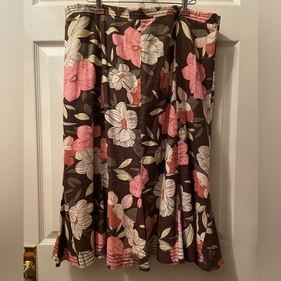 Plus XL 2Pc Set Pink Brown Linen Floral Tulip Flared Skirt - Picture 8 of 14